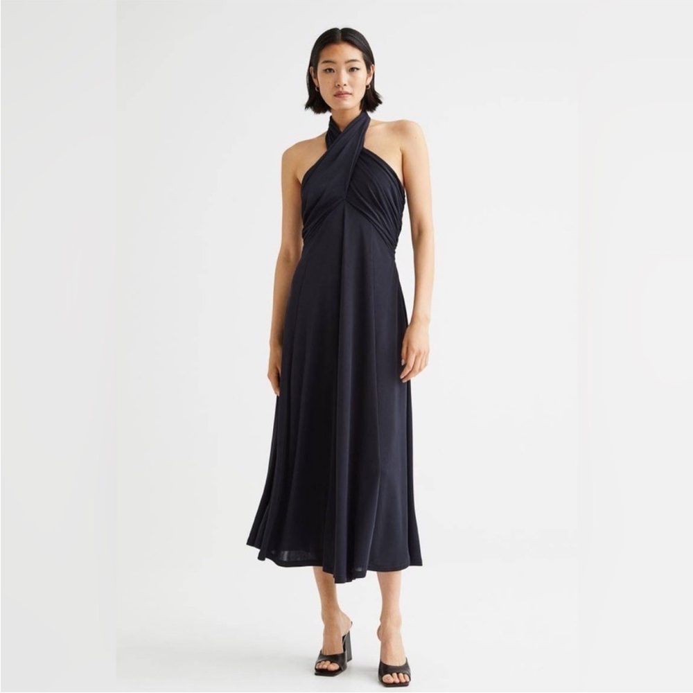 H&M Halterneck Midi Dress in Black Jersey Size Small